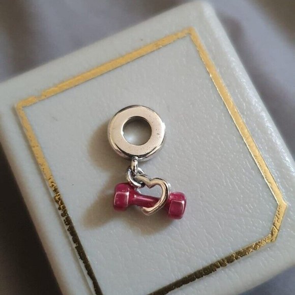 Pandora Dumbbell & Heart Dangle Charm - Picture 1 of 4